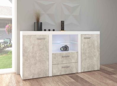 FURNIX Sideboard Alvor mit 2 Schubladen und Glasvitrine 2F2S B156,4 cm Weiß/Beton