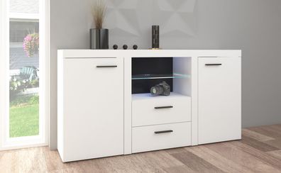 FURNIX Sideboard Alvor mit LED 2 Schubladen Glasvitrine 2F2S B156,4cm modern Weiß