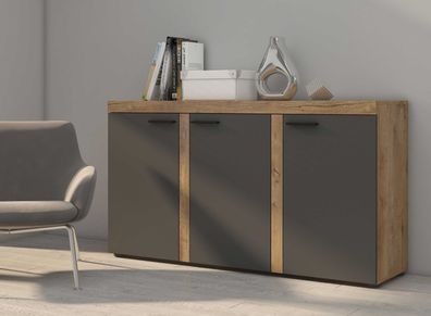 FURNIX Sideboard Alvor 3 Türen Anrichte Kommode 149 cm 3F Eiche Graphit