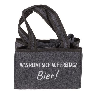 Flaschentasche aus Filz mit 6 Fächern "Was reimt sich auf Freitag? Bier!"