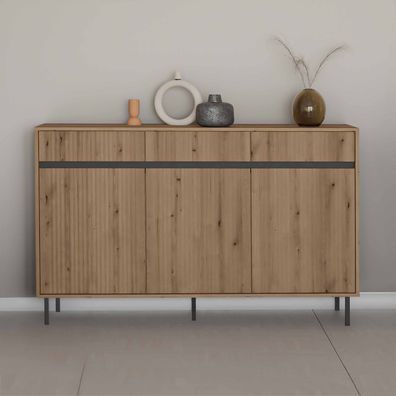 FURNIX Kommode Kersi 833 Sideboard mit drei Türen und Schubladen Braun