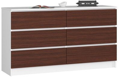 Kommode AKORD K140 Weiß 138 cm 6 Schubladen Front Wenge B138 x H77 x T40 cm