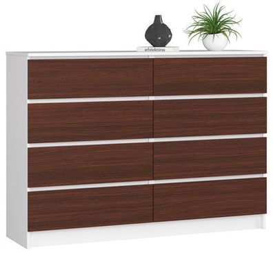 Kommode AKORD K140 Weiß 138 cm 8 Schubladen Front Wenge B138 x H99 x T40 cm