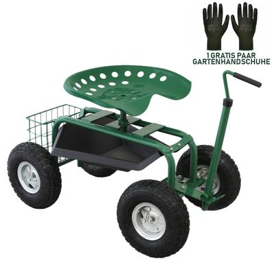 Fahrbarer Gartensitz 150kg Sitzwagen Garten Rollsitz mit Werkzeugfach und Korb