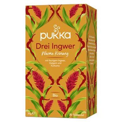 Pukka 3x Pukka Bio-Kräutertee Drei Ingwer, mit Galgant und Kurkuma, 20 Teebeutel