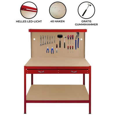 Werktsich Werkbank Arbeitstisch Rot Werkstatt Lochwand Schublade LED Leuchte DIY