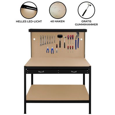 Werktsich Werkbank Arbeitstisch Schwarz Werkstatt Lochwand Schublade Licht DIY