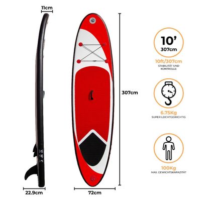 Aufblasbares Stand Up Paddle Board Set Surfboard in Rot mit Tasche, Pumpe&Paddel