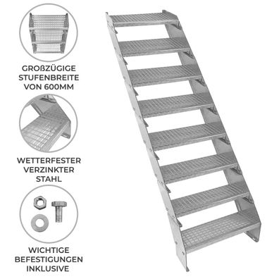 Verzinkte Stahltreppe Achtteilige Höhenverstellbare Gitterroststufen 60cm breit