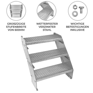 Verzinkte Stahltreppe Dreiteilige Höhenverstellbare Gitterroststufen 60cm breit