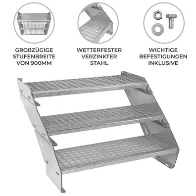 Verzinkte Stahltreppe Dreiteilige Höhenverstellbare Gitterroststufen 90cm breit