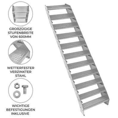 Verzinkte Stahltreppe Elfteilige Höhenverstellbare Gitterroststufen 60cm breit