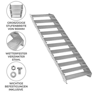 Verzinkte Stahltreppe Elfteilige Höhenverstellbare Gitterroststufen 90cm breit