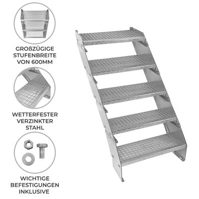 Verzinkte Stahltreppe Fünfteilige Höhenverstellbare Gitterroststufen 60cm breit