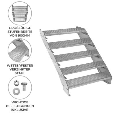 Verzinkte Stahltreppe Fünfteilige Höhenverstellbare Gitterroststufen 90cm breit