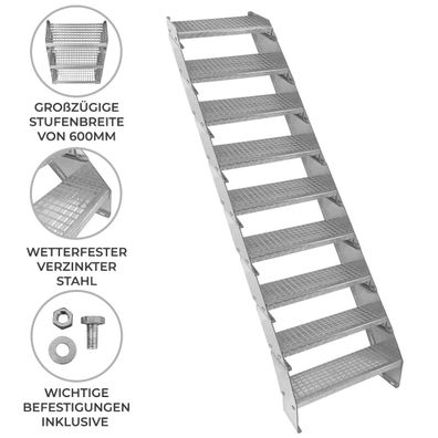 Verzinkte Stahltreppe Neunteilige Höhenverstellbare Gitterroststufen 60cm breit