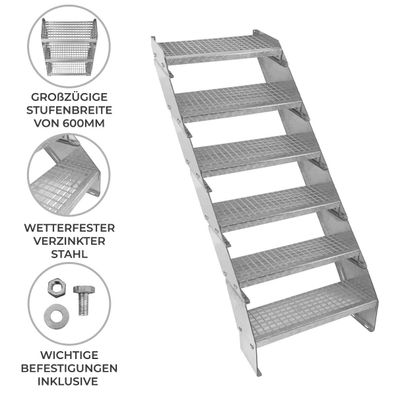 Verzinkte Stahltreppe Sechsteilige Höhenverstellbare Gitterroststufen 60cm breit