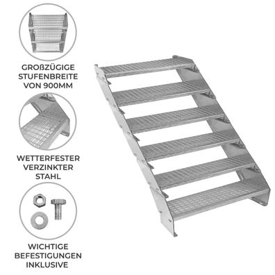 Verzinkte Stahltreppe Sechsteilige Höhenverstellbare Gitterroststufen 90cm breit