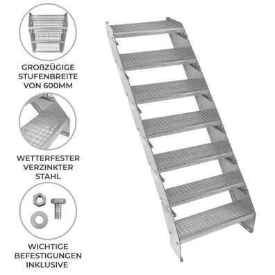 Verzinkte Stahltreppe Siebenteilige Höhenverstellbare Gitterroststufen 60cm breit