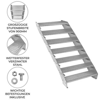 Verzinkte Stahltreppe Siebenteilige Höhenverstellbare Gitterroststufen 90cm breit