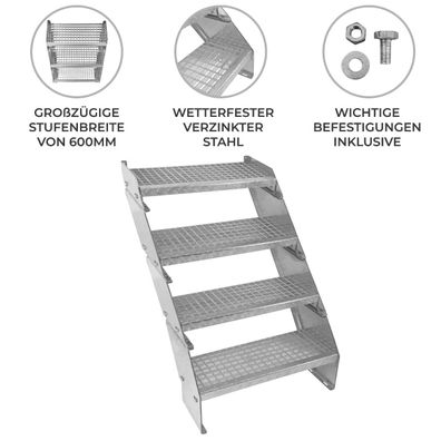 Verzinkte Stahltreppe Vierteilige Höhenverstellbare Gitterroststufen 60cm breit