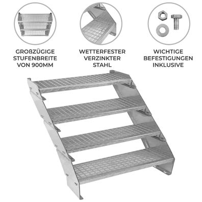 Verzinkte Stahltreppe Vierteilige Höhenverstellbare Gitterroststufen 90cm breit