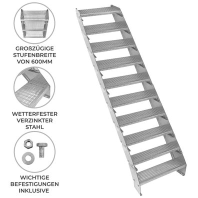 Verzinkte Stahltreppe Zehnteilige Höhenverstellbare Gitterroststufen 60cm breit