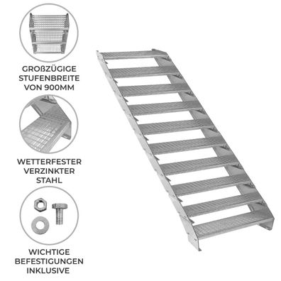 Verzinkte Stahltreppe Zehnteilige Höhenverstellbare Gitterroststufen 90cm breit