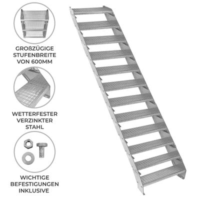 Verzinkte Stahltreppe Zwölfteilige Höhenverstellbare Gitterroststufen 60cm breit