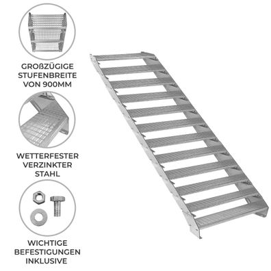 Verzinkte Stahltreppe Zwölfteilige Höhenverstellbare Gitterroststufen 90cm breit