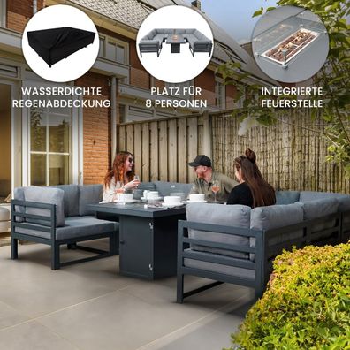 Modulares Gartenlounge-Set 8-Sitzer mit Tisch & integrierter Feuerstelle