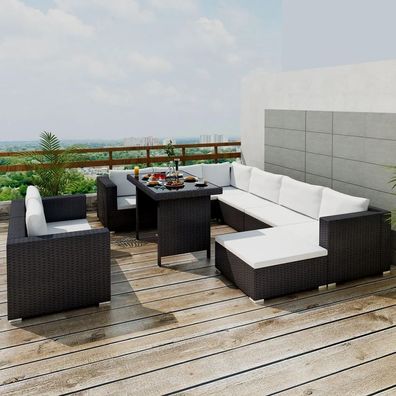 10-tlg. Garten-Lounge-Set mit Auflagen Poly Rattan Loungemöbel