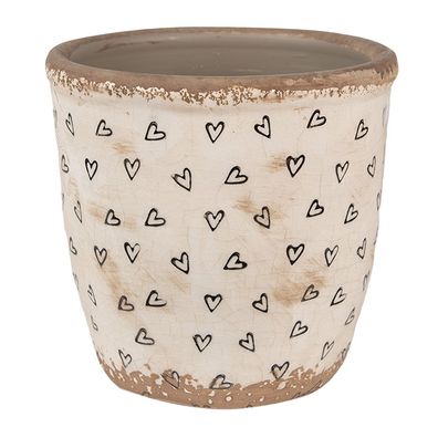 Clayre & Eef Blumentopf Ø 14x13 cm Beige Schwarz Keramik Herzen (Gr. Ø 14x13 cm)