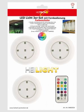 Heitech LED Lichter mit RGB 3er Pack - Wandleuchte batteriebetrieben mit Fernbedie