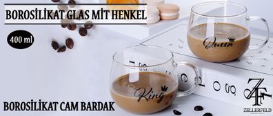 2er Set "King & Queen" Borosilikat Glas mit Henkel 400 ml Cam Bardagi für Kaffee