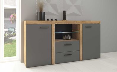 FURNIX Sideboard Alvor mit 2 Schubladen und Glasvitrine 2F2S 156cm Lefkas Graphit