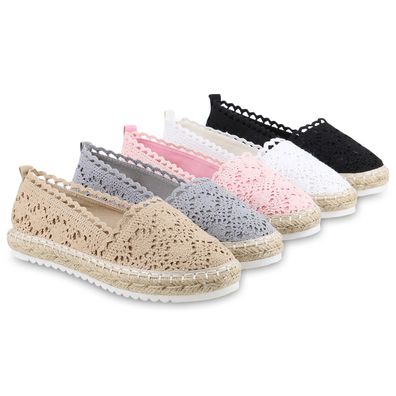 VAN HILL Damen Bast Slipper Spitzen Espadrilles Häkeloptik Profilsohle 816195