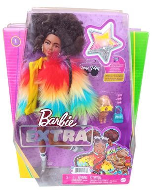 Mattel GVR04 Barbie Extra - stylische Mode-Puppe mit Regenbogen Fellmantel, Silb