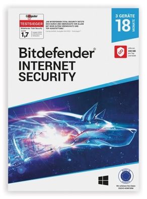 Bitdefender Internet Security 2024 inkl. 200MB VPN / 3 Geräte / 1,5 Jahr / Lizenz per