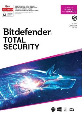 Bitdefender Total Security 2024 inkl. 200MB VPN / 10 Geräte / 1,5 Jahre / ESD