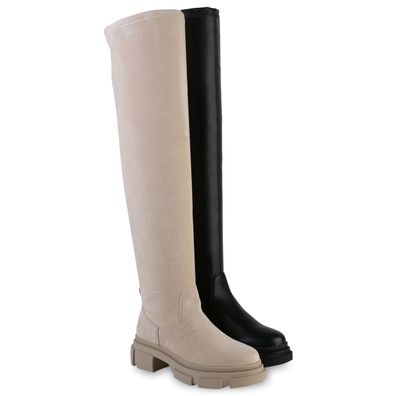 VAN HILL Damen Leicht Gefütterte Overknees Stiefel Profil-Sohle Schuhe 837935