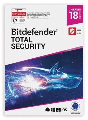 Bitdefender Total Security 2024 inkl. 200MB VPN / 3 Geräte / 1,5 Jahre / ESD