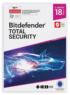 Bitdefender Total Security 2024 inkl. 200MB VPN / 5 Geräte / 1,5 Jahre / ESD