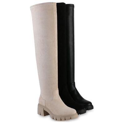 VAN HILL Damen Leicht Gefütterte Overknees Stiefel Profil-Sohle Schuhe 838109