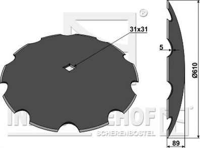 gewölbte gezahnte Scheibe für Scheibeneggen Ø610 Bohrung Vierkant 31x31