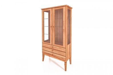 Vitrine Sydo aus Kernbuche massiv 94x45x180 Holzbeine 2 Türen 3 Schubladen Glas