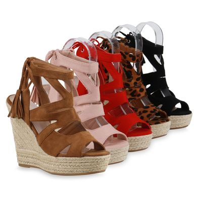 VAN HILL Damen Bast Keilsandaletten Cut-Outs Quasten Wedges Sommer Schuhe 816039