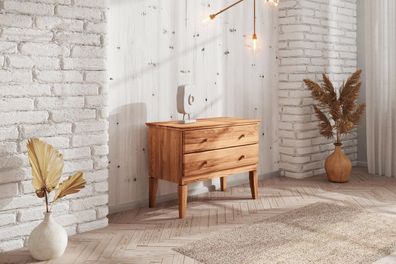 Kommode Sydo aus Kernbuche massiv 87x45x66 cm mit 2 Schubladen und Holzbeinen