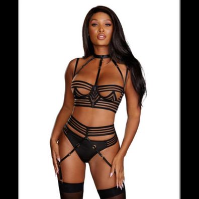 Dreamgirl - Sheer Striped Bra, Garter Belt and G-String Set - Black - (L, , , L)