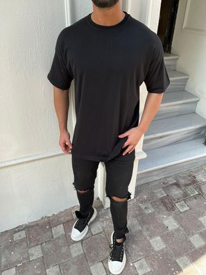 Oversize Herren Kurzarm T-Shirt Weiter Auschnitt Extra Lang Rundhals Dicker Stoff